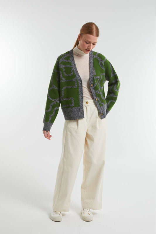 Ma Poesie Claude Lyrique merino wool jacquard cardigan in mousse, grey and green.
