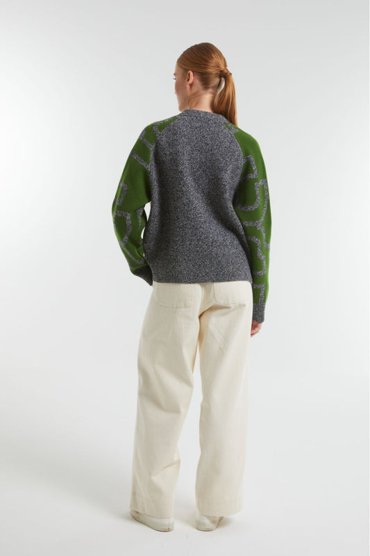 Ma Poesie Claude Lyrique merino wool jacquard cardigan in mousse, grey and green.