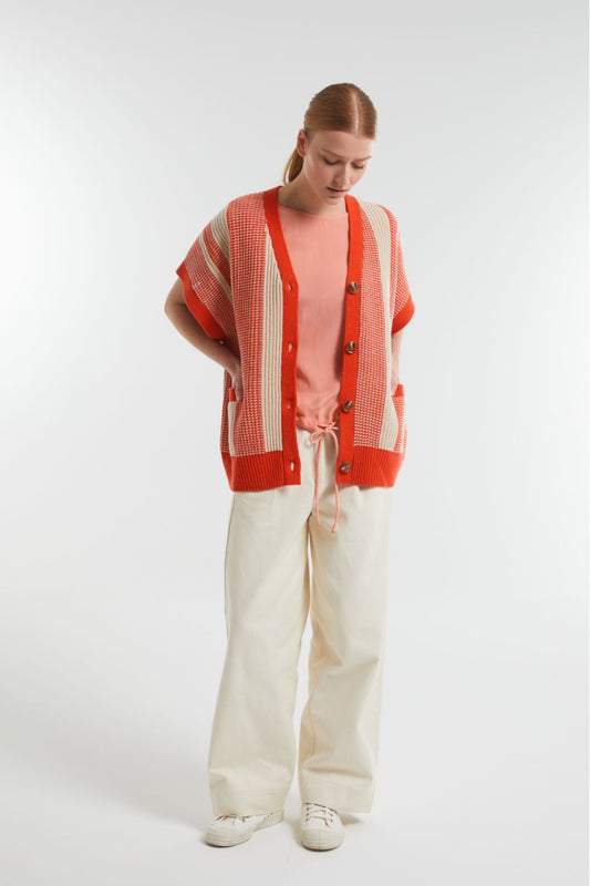 Ma Poesie Mona Road gilet vest cardigan in corail coral and ecru.