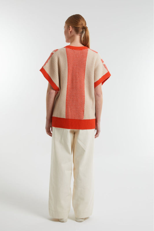 Ma Poesie Mona Road gilet vest cardigan in corail coral and ecru.