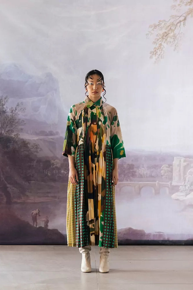 Yavi Irca dress panelled print and check maxi gathered skirt shirt dress in pure cotton.