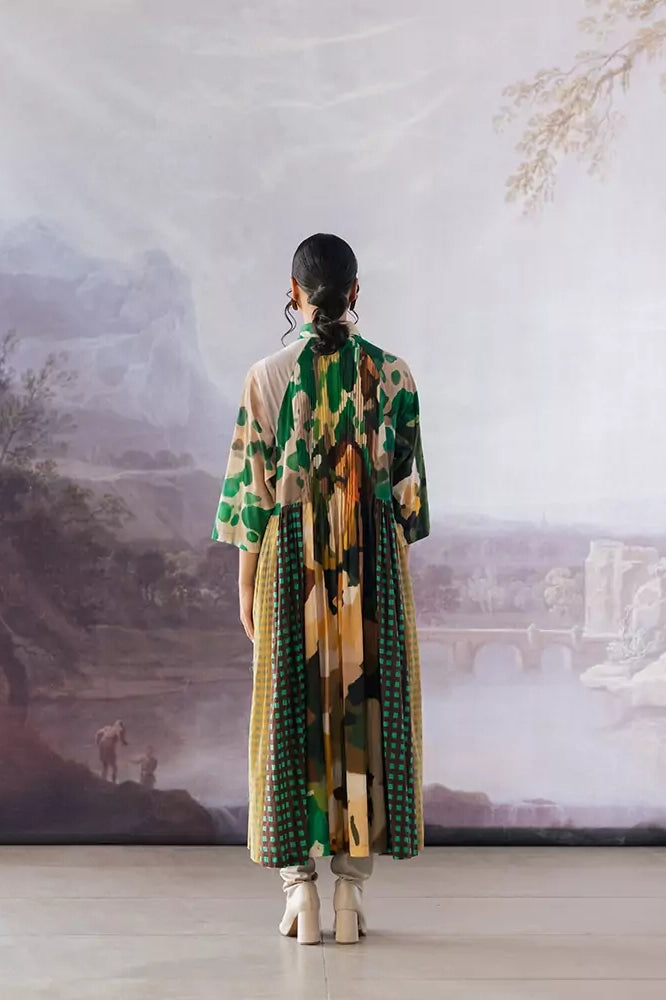 Yavi Irca dress panelled print and check maxi gathered skirt shirt dress in pure cotton.