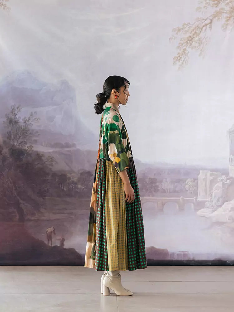Yavi Irca dress panelled print and check maxi gathered skirt shirt dress in pure cotton.