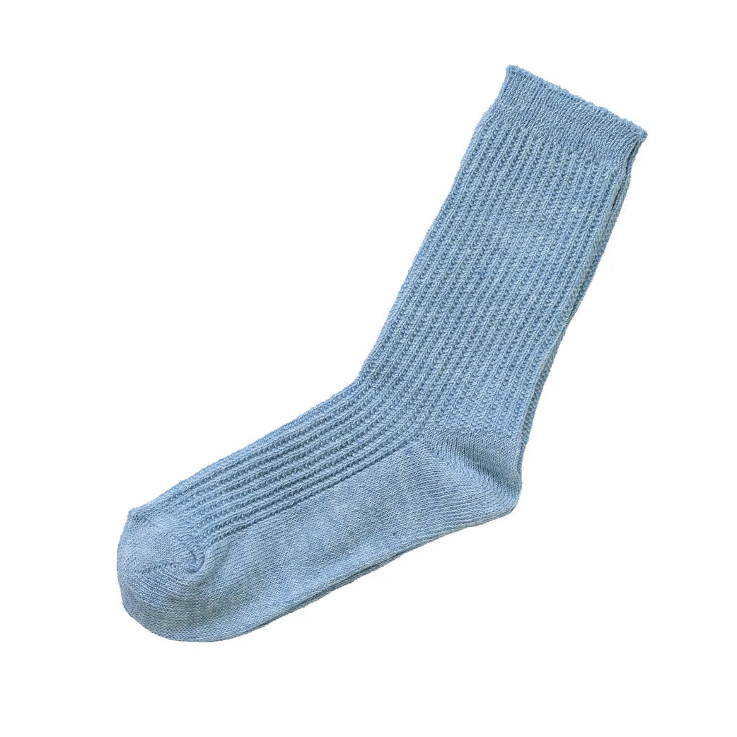 Memeri linen blend rib knit crew length sock made in Japan in valley stream light blue.