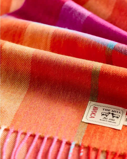 Avoca fine wool Southbank Doll plaid scarf with orange, pink, and purple checks.
