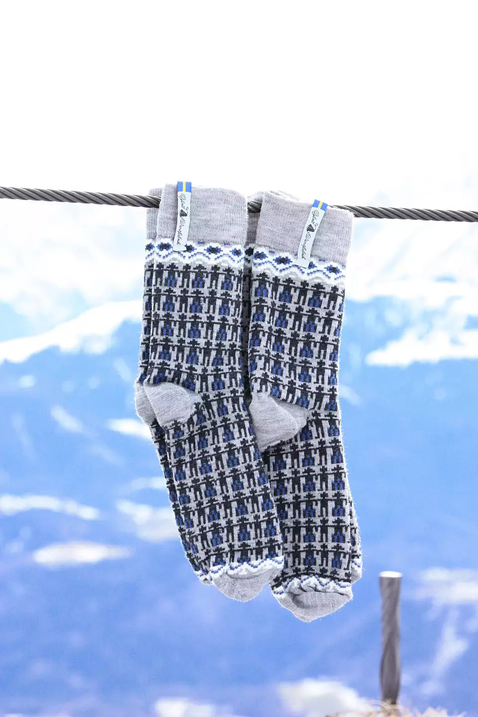 Ojbro Vantfabrik Koren Kerstin merino wool socks in grey, blue and brown, made in Sweden.