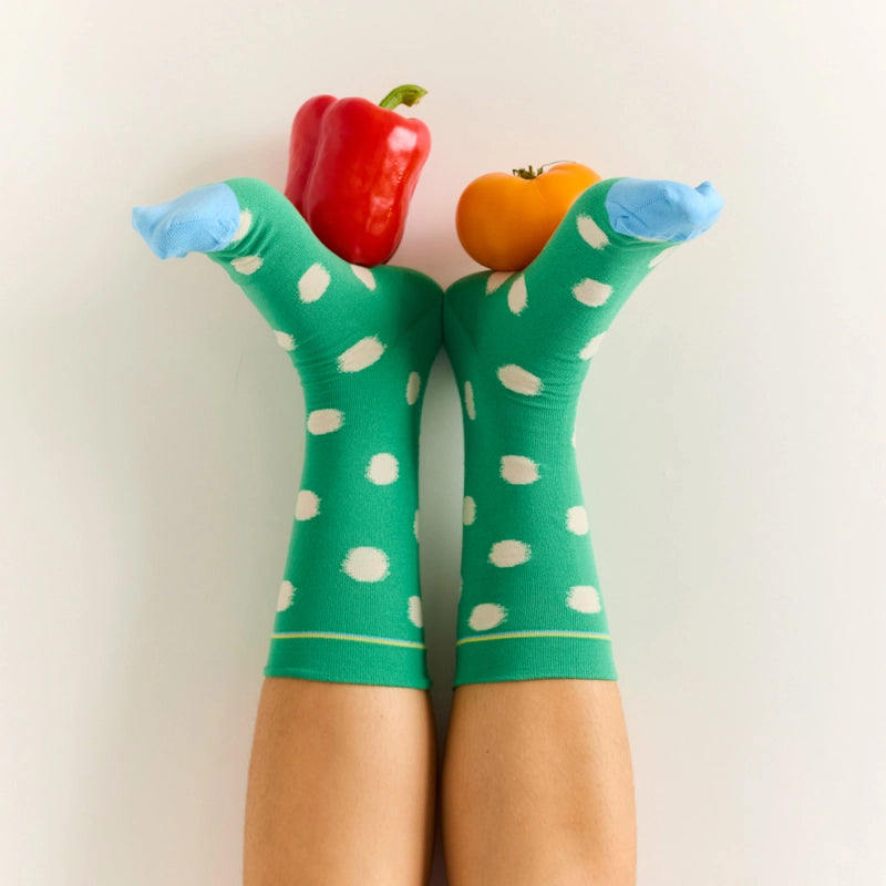 Bonne Maison made in France striped socks Ming green socks with white polka dots.
