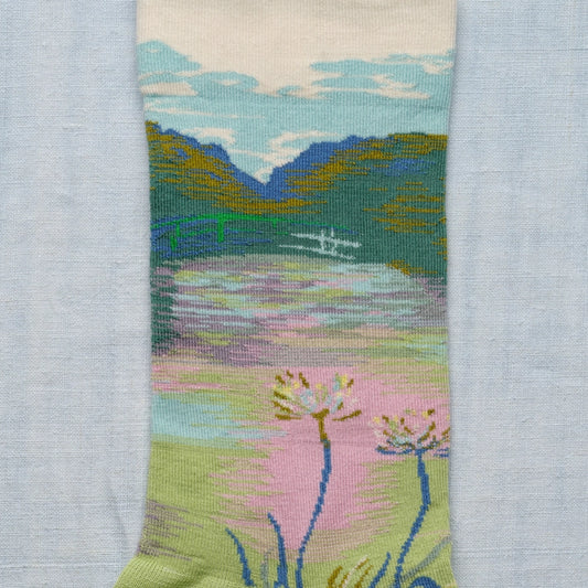 Bonne Maison made in France cotton socks featuring Monet's bridge at Giverny inspired design.