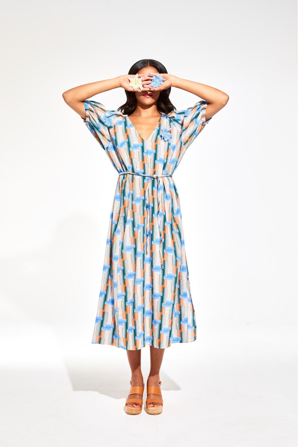 Ma Poesie alba dress in Echo print blue, v neck with short puffed sleeves.