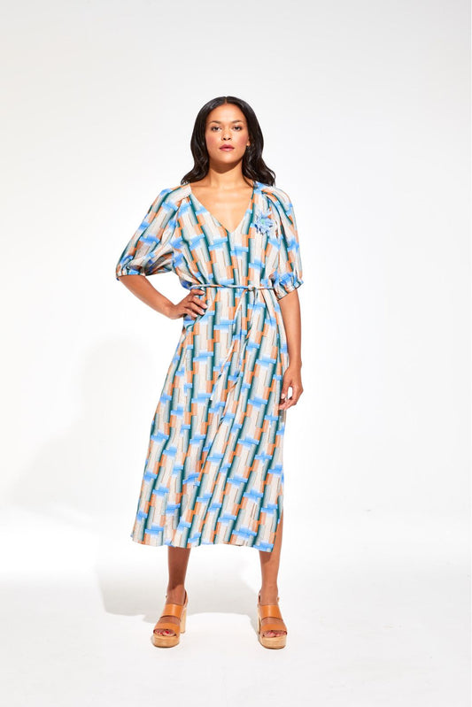 Ma Poesie alba dress in Echo print blue, v neck with short puffed sleeves.