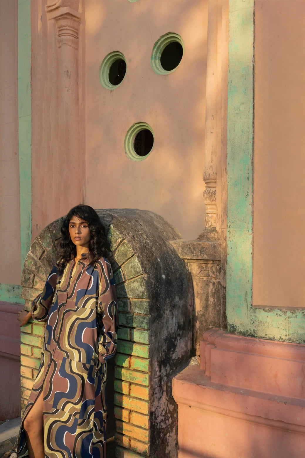 Ma Poesie Eulalie cotton one-size dress in Belarra print in khaki.