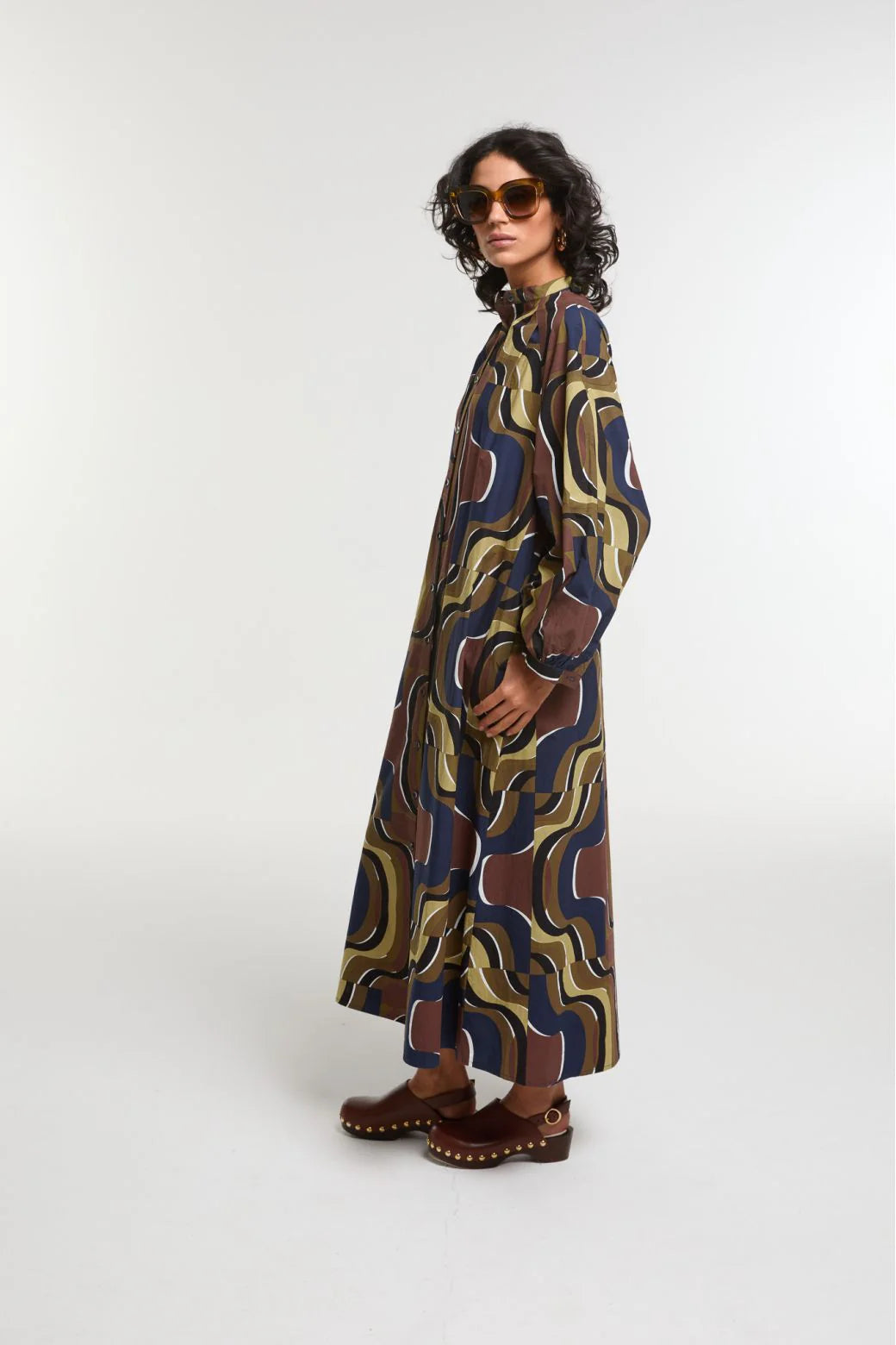 Ma Poesie Eulalie cotton one-size dress in Belarra print in khaki.