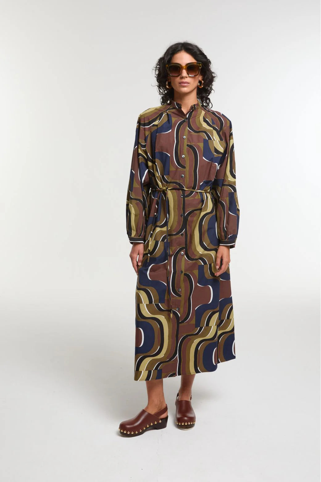 Ma Poesie Eulalie cotton one-size dress in Belarra print in khaki.