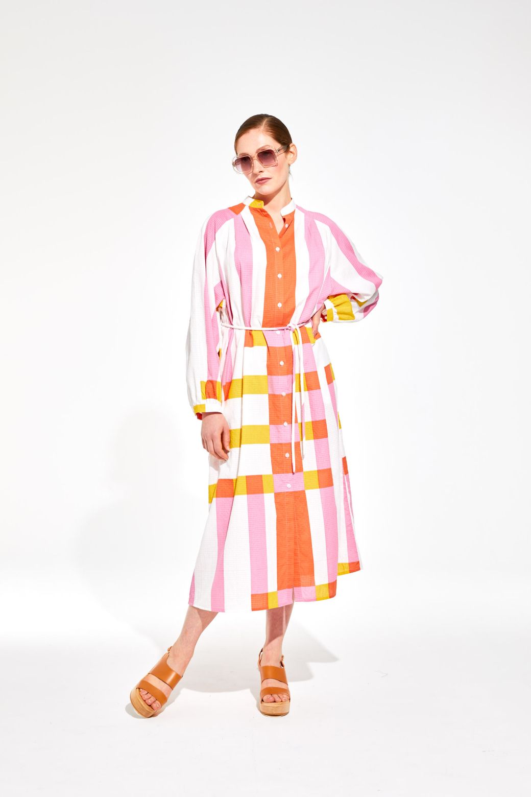 Ma Poesie Eulalie cotton poplin dress in Bolero print candy stripes and checks.