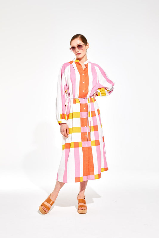 Ma Poesie Eulalie cotton poplin dress in Bolero print candy stripes and checks.