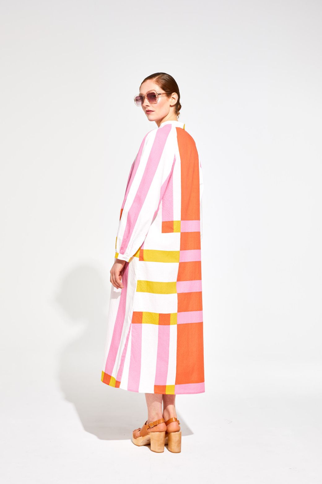 Ma Poesie Eulalie cotton poplin dress in Bolero print candy stripes and checks.