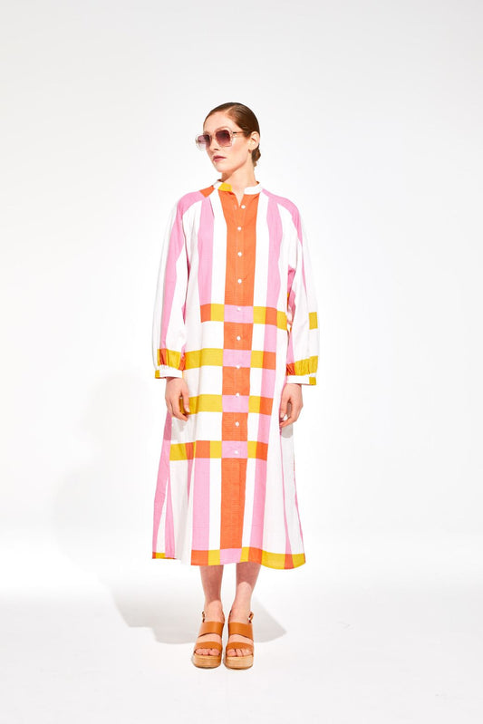 Ma Poesie Eulalie cotton poplin dress in Bolero print candy stripes and checks.
