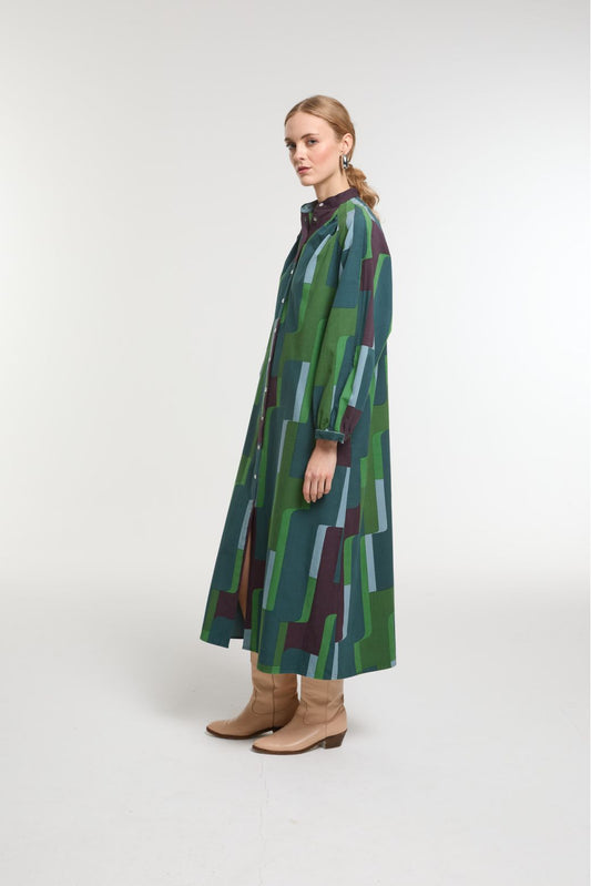 Ma Poesie cotton poplin Eulalie dress Petra print in green.