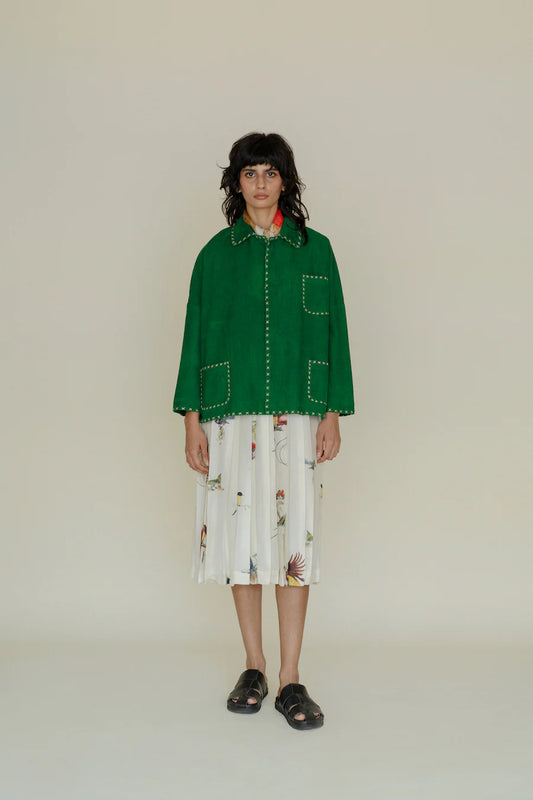 Runaway Bicycle Pete jacket in forest green cotton corduroy.