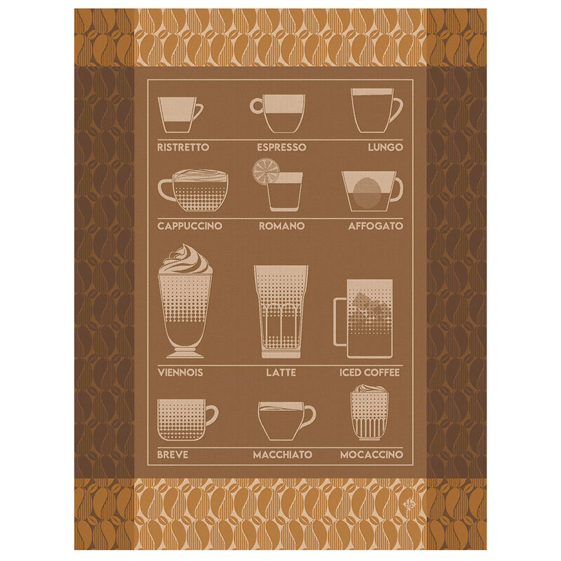 Le Jacquard Francais pure cotton tea towel Barista coffee design in brown.