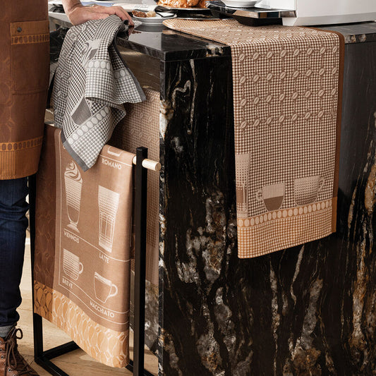 Le Jacquard Francais pure cotton tea towel Barista coffee design in brown.