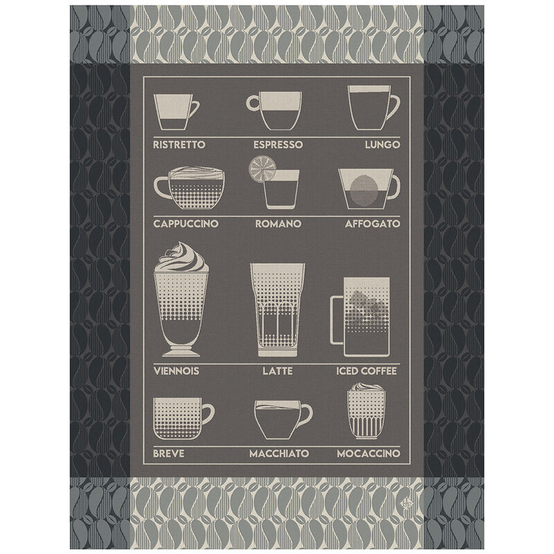 Le Jacquard Francais pure cotton tea towel Barista coffee design in black.