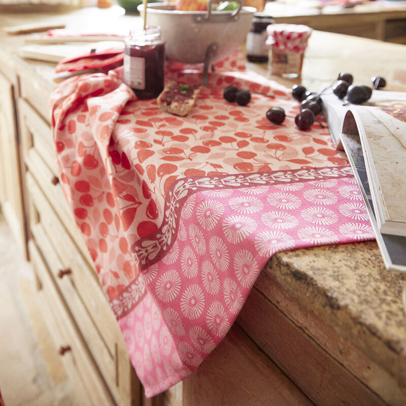 Le Jacquard Francais pure cotton jacquard weave made in France tea towel Cerises cherry red.