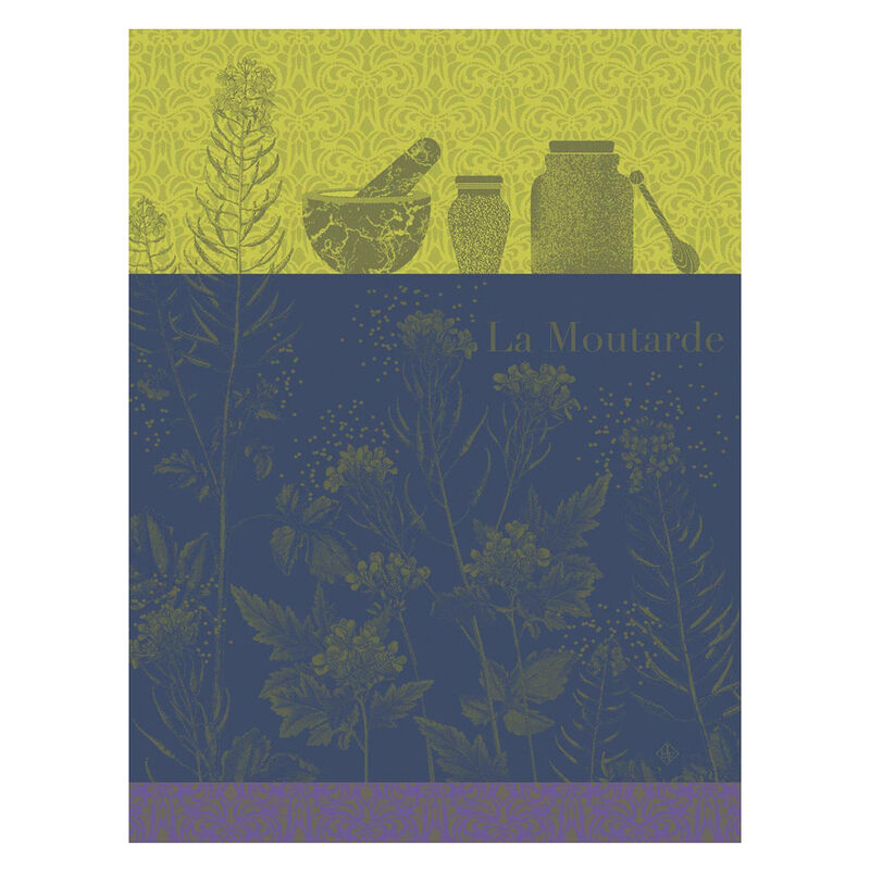 Le Jacquard Francais pure cotton tea towel with mustard-themed design featuring jars and plants on a blue and green background.