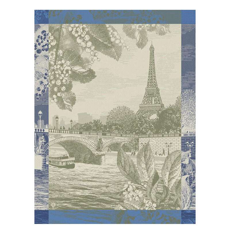 Le Jacquard Francais tea towel depicting Paris in green and blue.
