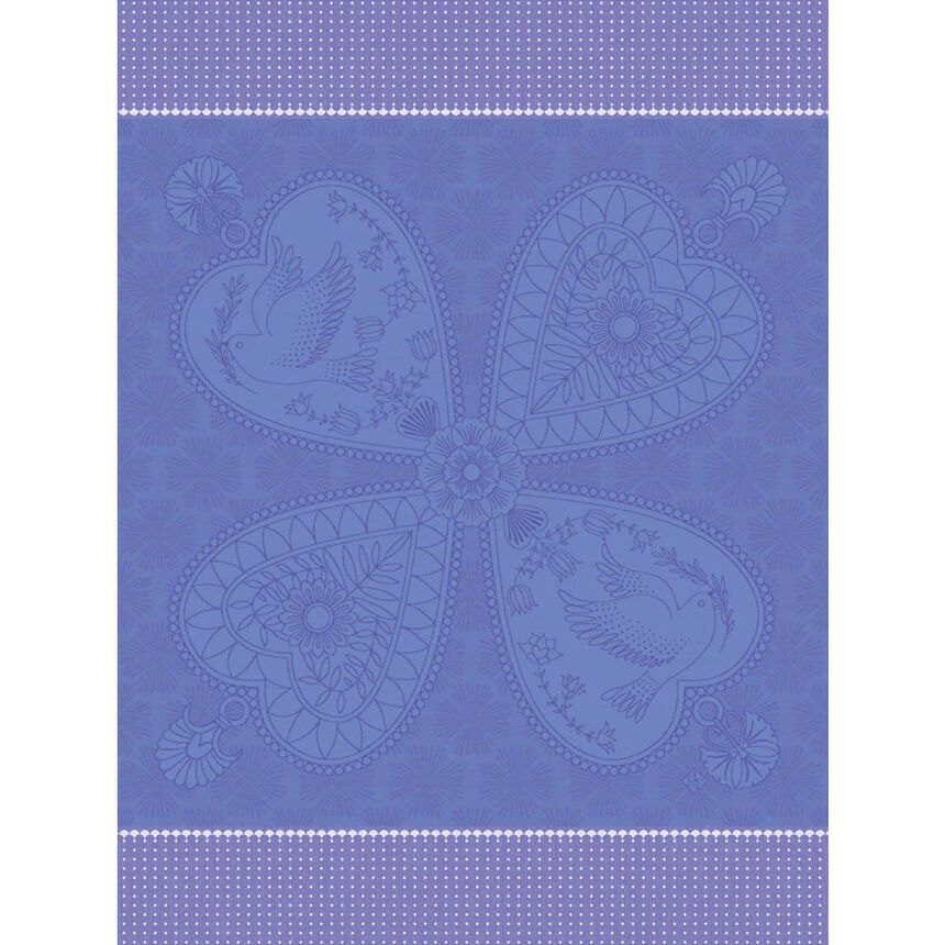 Le Jacquard Francais made in France jacquard weave cotton tea towel peace and love hearts design in blue.
