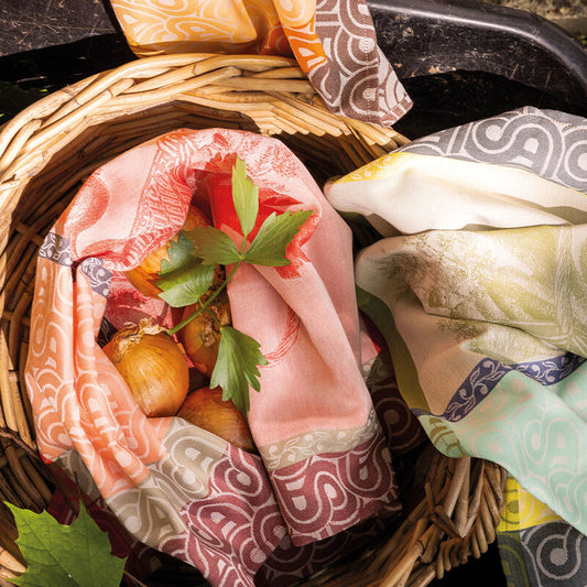 Le Jacquard Francais pure cotton tea towel Potager d'hiver in red.