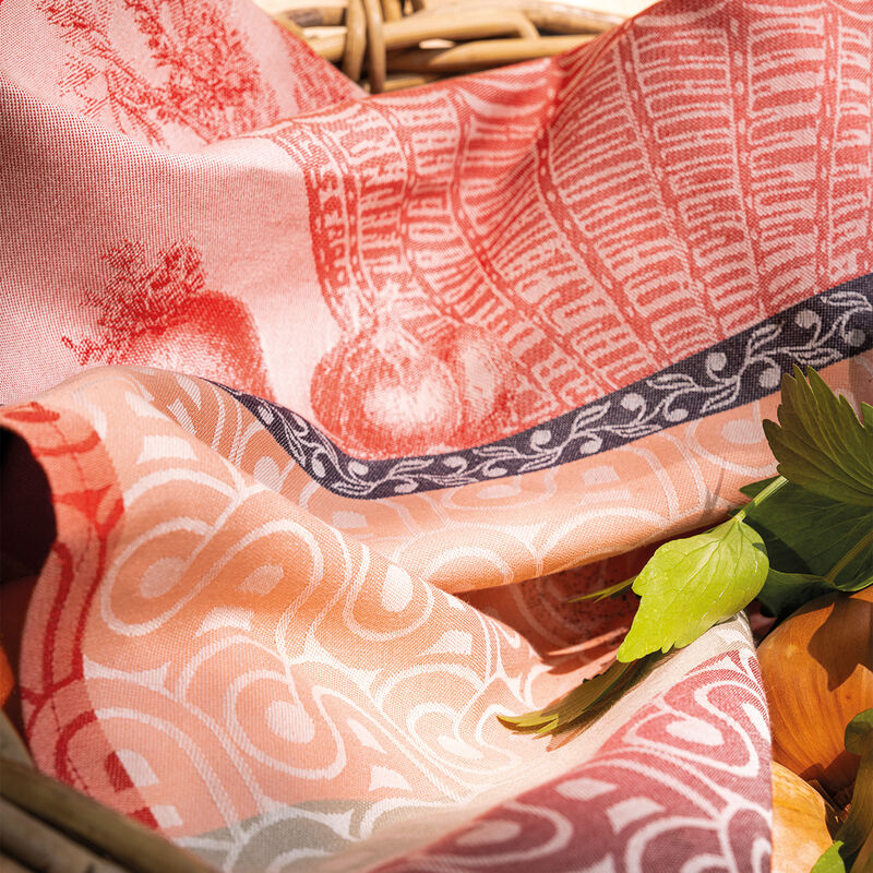 Le Jacquard Francais pure cotton tea towel Potager d'hiver in red.