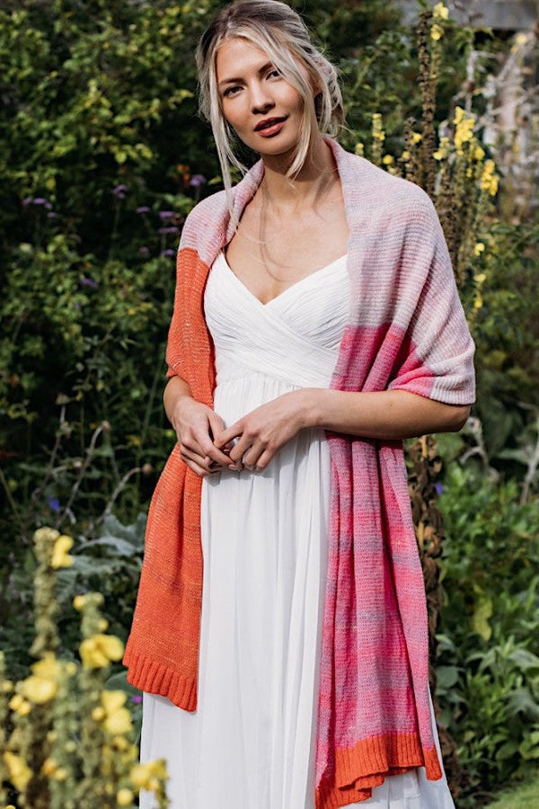 Eribe Treeline fine wool wrap in bubblegum pink stripes.