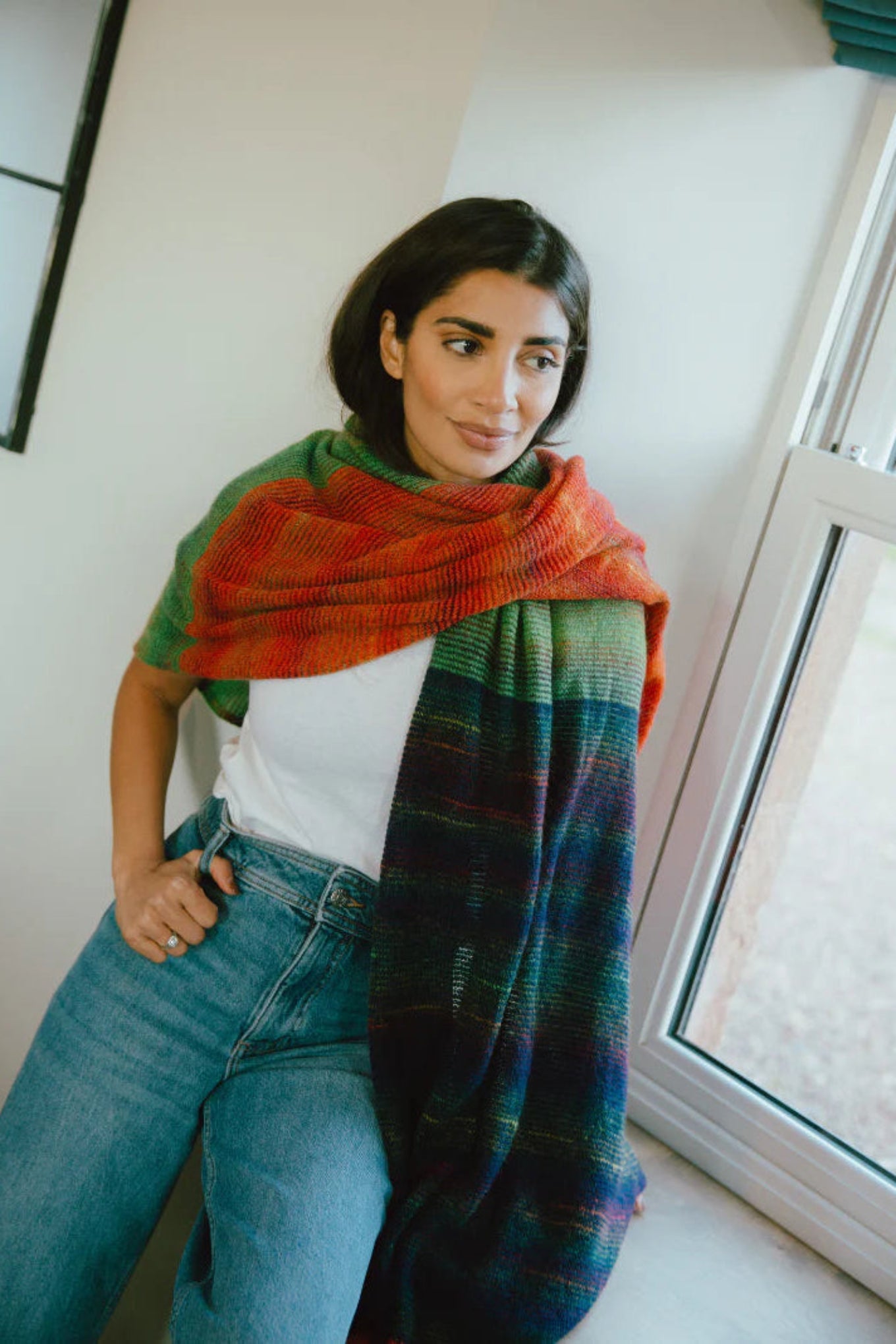 Eribe merino and mohair treeline wrap in Bellarose red blue and green.