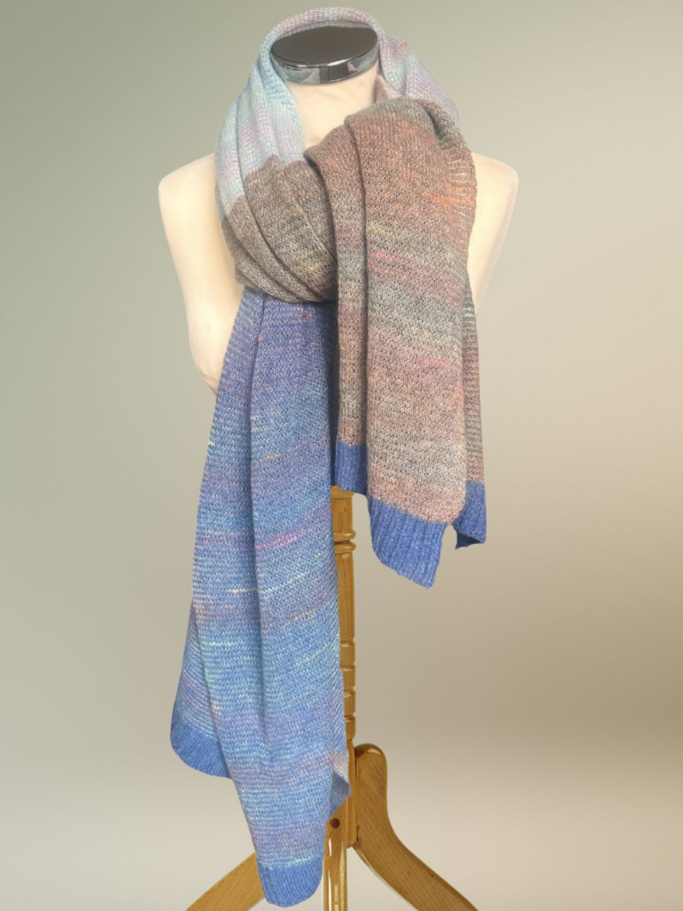 Eribe kid mohair and merino wool Treeline wrap in Jeans.