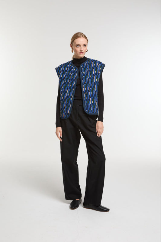 Ma Poesie blue Mystere patterned quilted cotton velvet vest reversible to plain back.