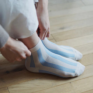 Memeri made in Japan supima cotton aqua and white stripe socks.