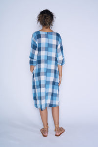 Kimberley Tonkin the Label made in Australia Luka dress in high twist crinkle linen blue and white check, tunic style with pintuck pleat detailing.