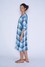 Load image into Gallery viewer, Kimberley Tonkin the Label made in Australia Luka dress in high twist crinkle linen blue and white check, tunic style with pintuck pleat detailing.