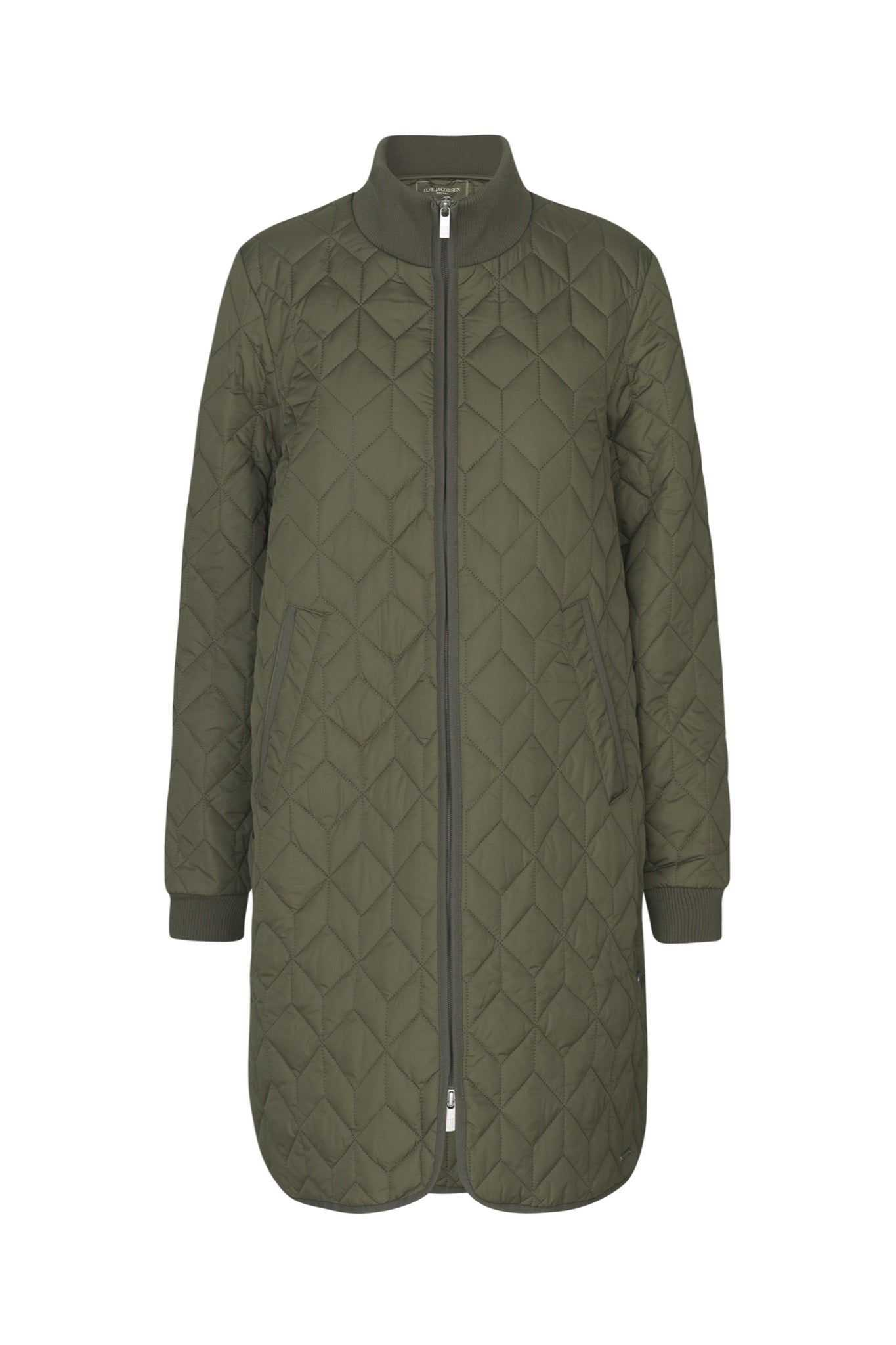 Ilse Jacobsen ART06 long quilted jacket coat showerproof in Army - khaki green.