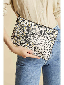Inoui Editions embroidered cotton pouch featuring Pampa cheetah in black and white with flowers.