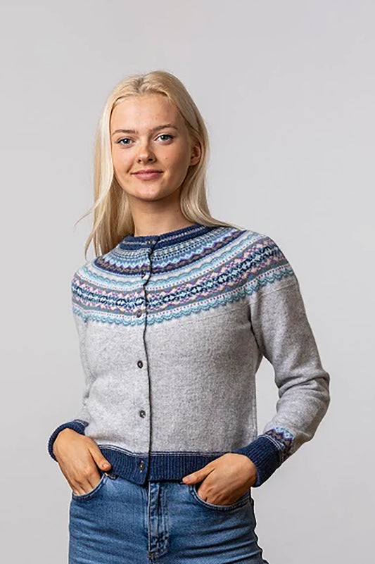 Eribe Alpine short fair isle cardigan in Arctic, cool grey and shades of blue.