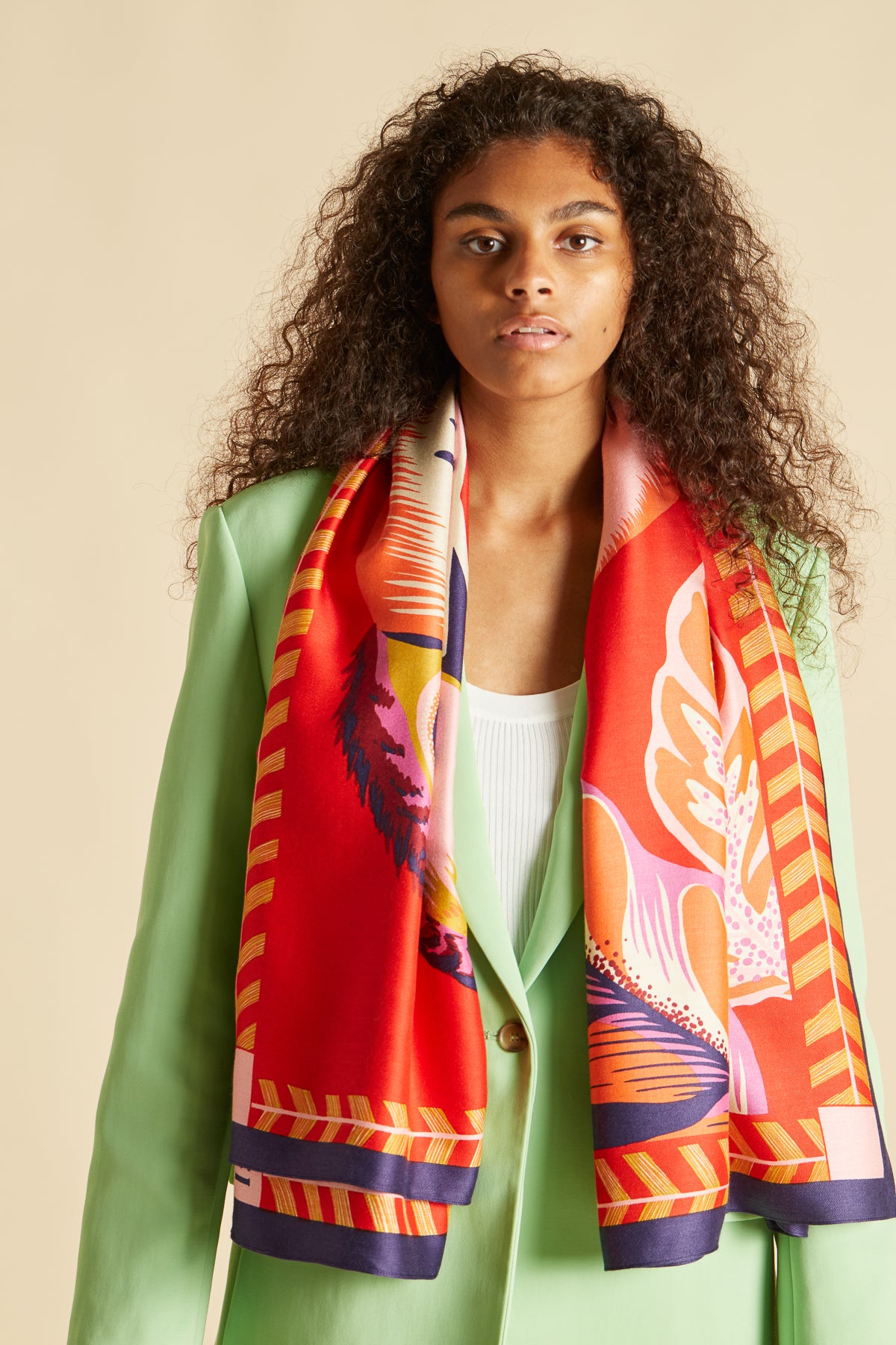 Inoui editions silk modal carre scarf Toucan, featuringpair of toucans on a vibrant vermilion red.