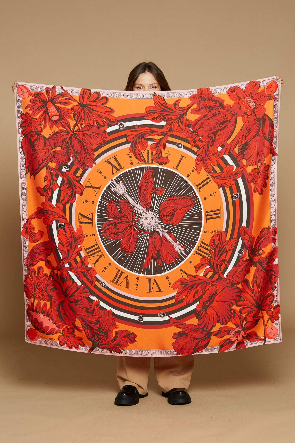 Inoui Editions large square scarf, clock design Horlorge in orange and vermilion, black and white.