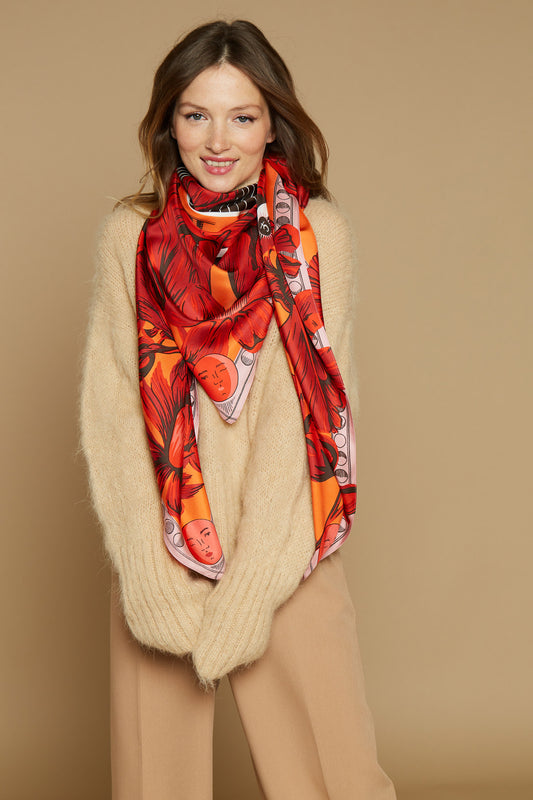 Inoui Editions large square scarf, clock design Horlorge in orange and vermilion, black and white.