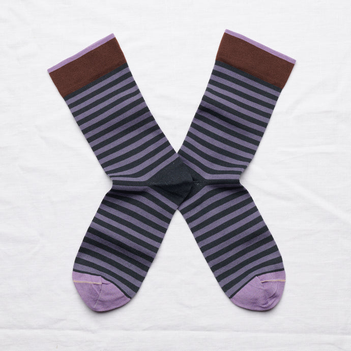 Bonne Maison night stripe socks, mauve and midnight blue with chestnut and lilac accents.