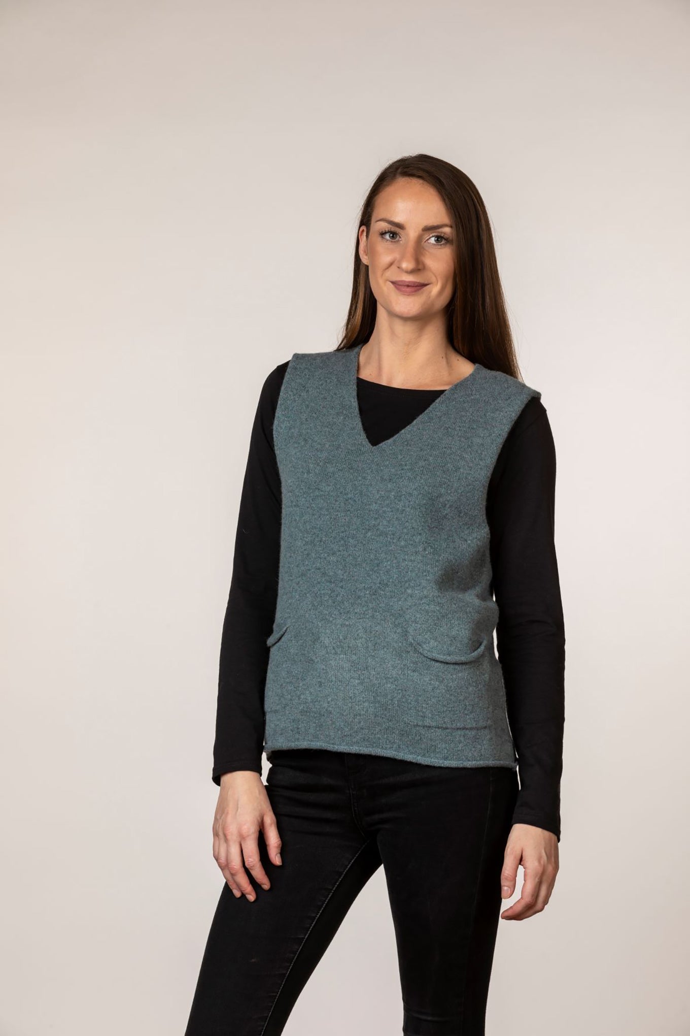 Eribe merino wool Corry V-neck tank top in caspian sea blue.