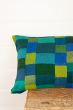 Load image into Gallery viewer, Juniper Hearth one off vintage silk patchwork kantha stitched bolster cushion in tropical sea shades of aqua, turquoise, emerald and lime