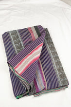 Load image into Gallery viewer, One off vintage kantha quilt Suri featuringdeep purple and white stripes, charcoal on pale blue braid and pink and white stripes, with soft emerald green on the reverse.