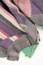 Load image into Gallery viewer, One off vintage kantha quilt Suri featuringdeep purple and white stripes, charcoal on pale blue braid and pink and white stripes, with soft emerald green on the reverse.